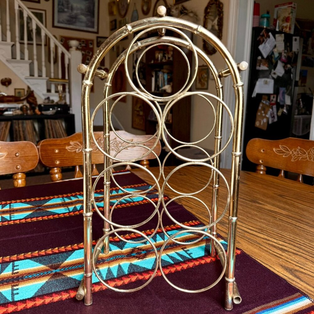Vintage Hollywood Regency Brass Bamboo Style 7 Bottle Wine Rack